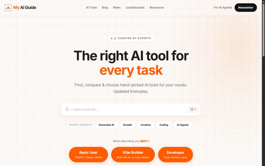 myaiguide.co homepage: The right AI tool for every task